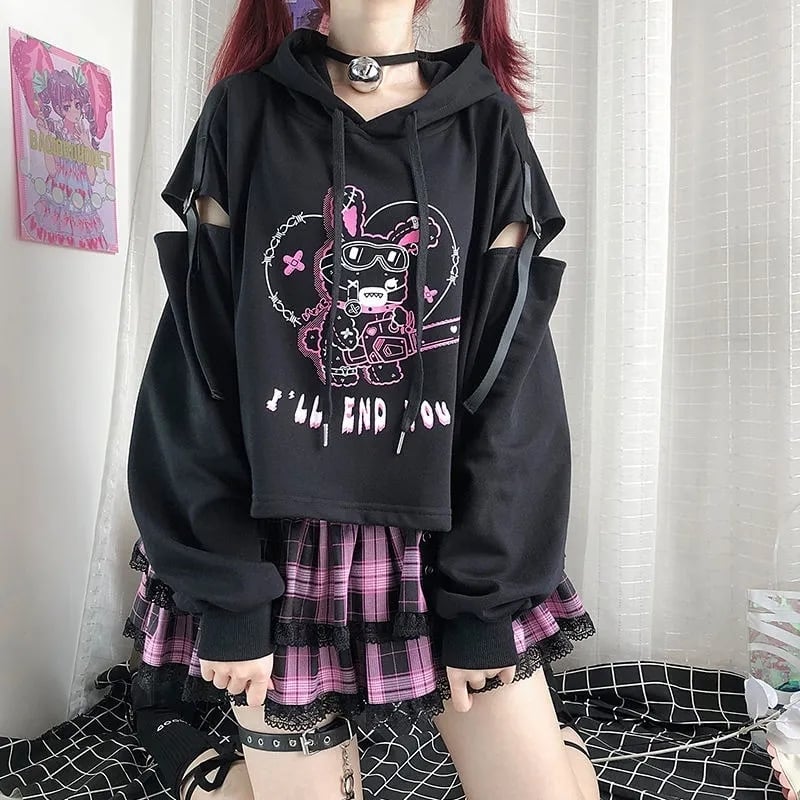 Rabbit Punk Print Hollow Out Hoodie