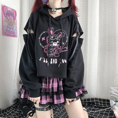 Rabbit Punk Print Hollow Out Hoodie