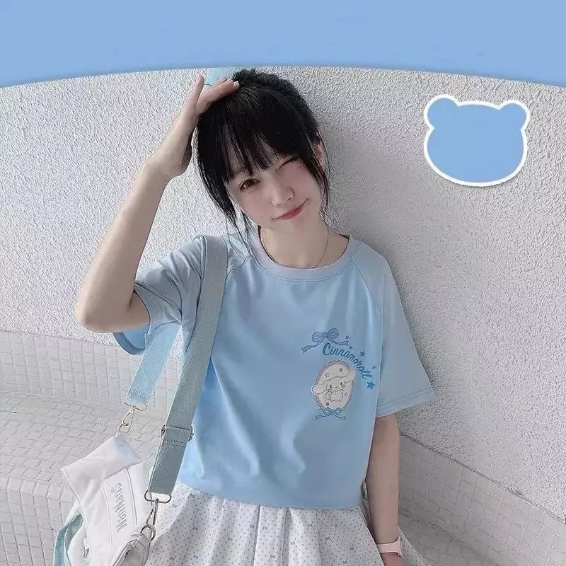 Cute Blue Japanese Anime Cartoon Graphic Print Loose Short Sleeve T-shirt