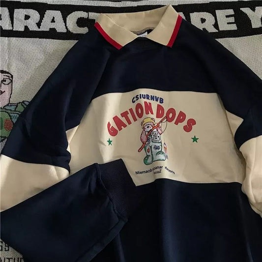 Casual Vintage Letter Bear Print Stripe Patchwork Oversized Hoodie Sweater Sweatshirt Pullover E-Girl Kawaii Korean Japanese Harajuku Streetwear