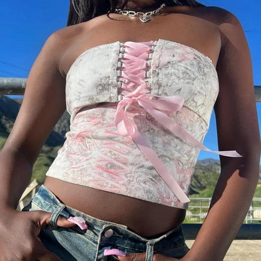 Pink Floral Ribbon Lace Up Corset Top