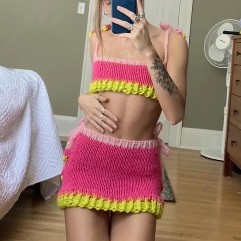 2PCS Blue Knit Tank Top + Mini Skirt