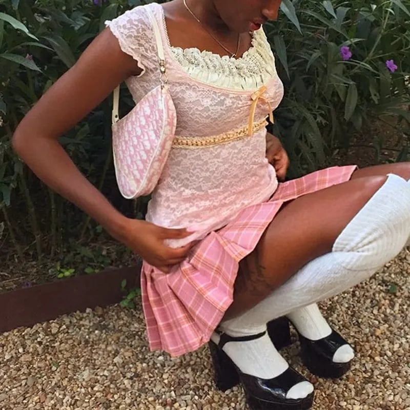 Sweet Pink Square Collar Lace Top