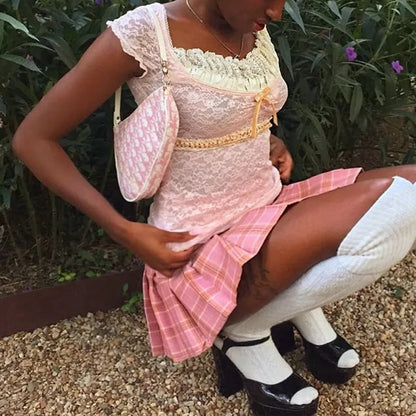 Sweet Pink Square Collar Lace Top