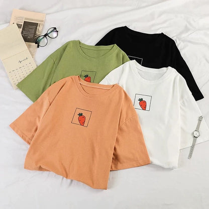 Cute 90s Carrot Print Cartoon vintage Graphic Tee T-shirt Short Sleeve Shirt Top E-Girl Kawaii Korean Japanese Harajuku Retro Streetwear