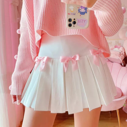 White Flare Pink Bow Pleated Tennis Skirt