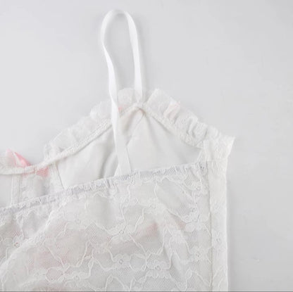 Cute Lace Mesh Patchwork Transparent Corset Camisole Ruffle Crop Top Sleeveless Shirt Summer Aesthetic Casual E-Girl Kawaii Korean Japanese Harajuku