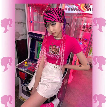 Sexy Pink Cartoon Doll Print Short Sleeve Shirt Crop Top Tee T-shirt Top Causal Summer E-Girl Kawaii Korean Japanese Harajuku Streetwear