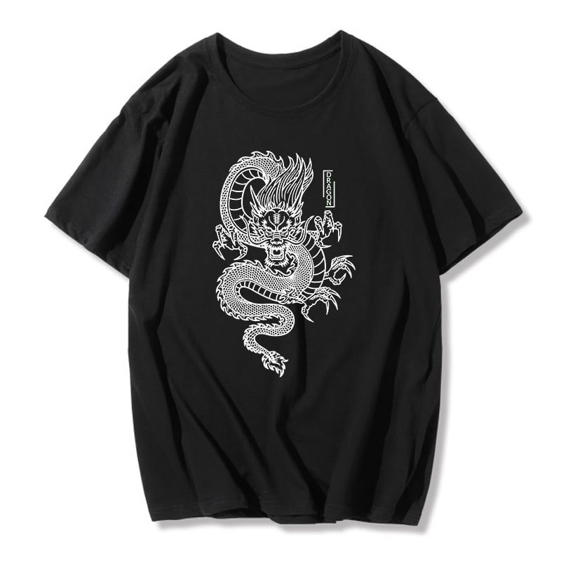 Cute Chinese Dragon Oversized Punk Goth Print Short Sleeve Shirt Tee T-shirt E-Girl Kawaii Korean Japanese Harajuku Chinese Retro Streetwear Aesthetic