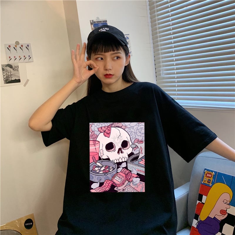 Cute Black Skull Goth Punk Print Cartoon Loose Short Sleeve Short T-shirt Tee Top Summer Casual E-Girl Kawaii Korean Japanese Harajuku Streetwear
