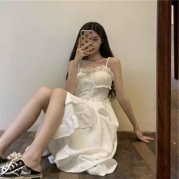 Cute White Ruffle Maxi Dress Fairy Strap Tank Lace Sundress Party Cottage Aesthetic Casual Summer E-Girl Kawaii Korean Japanese Harajuku