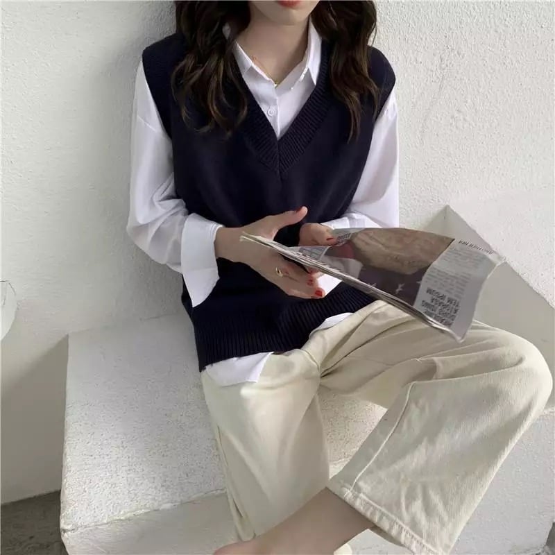 Cute Solid Simple V Neck Knit Vest Sleeveless Oversized Loose Sweater Sweatshirt Pullover Jumper E-Girl Kawaii Korean Japanese Harajuku Streetwear