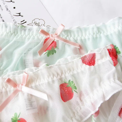 Cute Strawberry Print Ruffles Lace Brief Underwear Panties Lingerie Aesthetic Casual Summer E-Girl Kawaii Korean Japanese Harajuku
