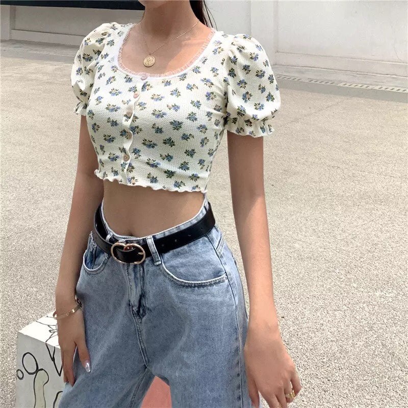 Sweet Floral Print Puff Bell Sleeve Short T-shirt Button Round Neck Crop Top Summer Aesthetic Casual E-Girl Kawaii Korean Japanese Harajuku