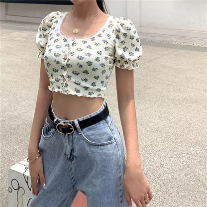 Sweet Floral Print Puff Bell Sleeve Short T-shirt Button Round Neck Crop Top Summer Aesthetic Casual E-Girl Kawaii Korean Japanese Harajuku