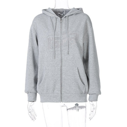 Cute Retro 90s Rhinestone Bling Crystal Zipper Hoodie Long Sleeve Pullover Jumper Sweater Aesthetic E-Girl Kawaii Korean Japanese Harajuku Streetwear