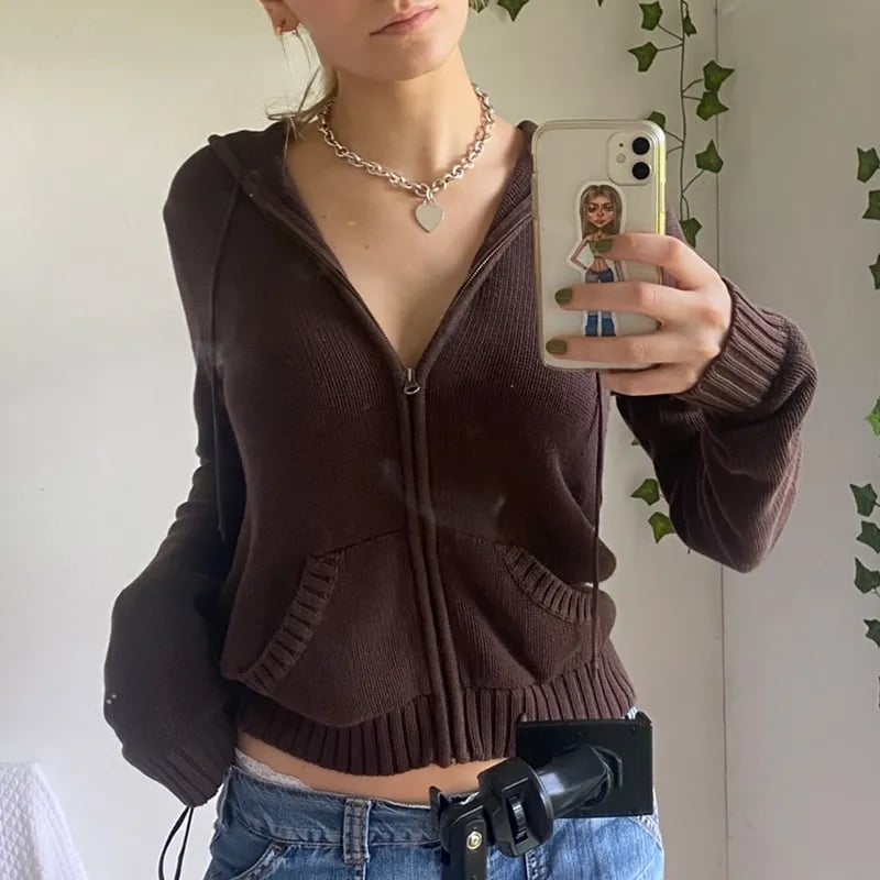 Brown Knit Long Sleeve Jacket