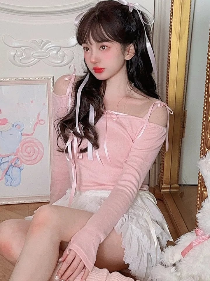 Sweet Bow Off Shoulder Long Sleeve Blouse