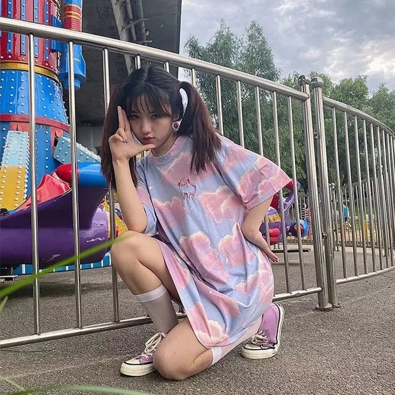 Cute Pastel Aesthetics Clouds Pig Embroidery Vintage Short Sleeve Shirt Oversized Loose T-shirt Top E-Girl Kawaii Korean Japanese Harajuku Streetwear