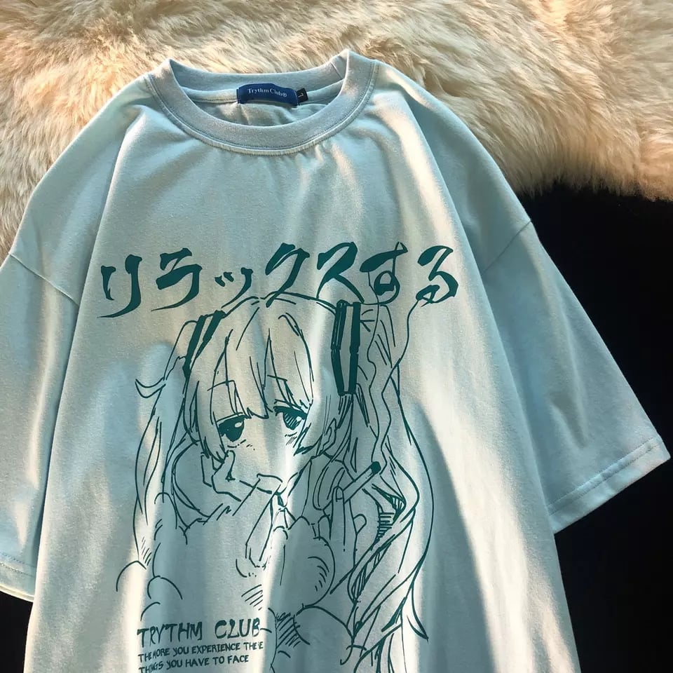 Cute Sad Anime Girl Cartoon Print Short Sleeve T-shirt Loose Punk Goth Aesthetic Casual Summer E-Girl Kawaii Korean Japanese Harajuku