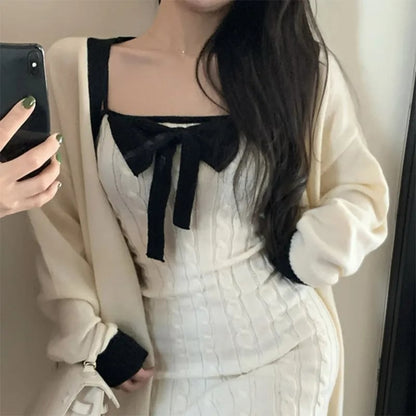 2 Piece White Knit Bow Dress + Sweater