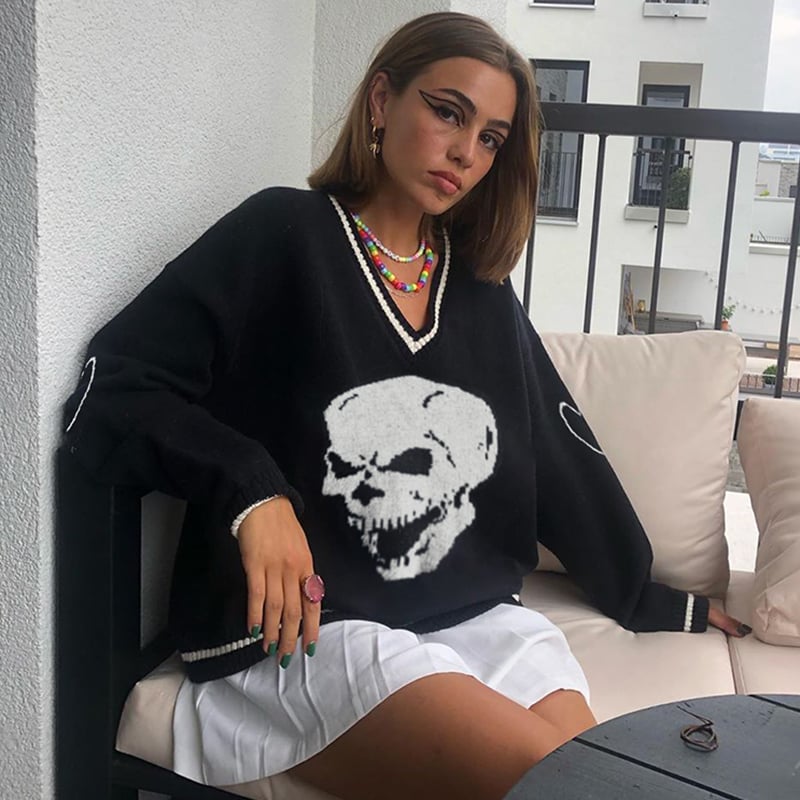 Skull Knit Oversized Loose Sweater Sweatshirt Long Sleeve Pullover Goth Punk Autumn Fall E-Girl Kawaii Korean Japanese Harajuku Streetwear