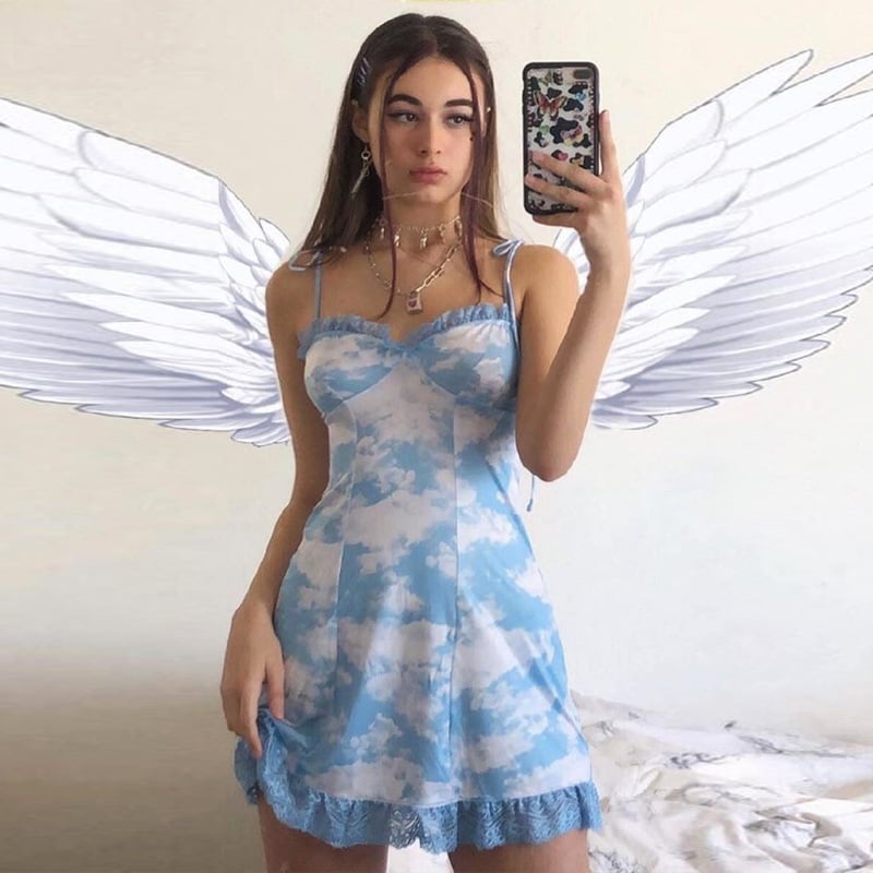 Cute Vintage Straped Mini Dress Bandage Ruffle Puff Elegant E-Girl Kawaii Korean Japanese Harajuku Chinese Retro Streetwear Aesthetic