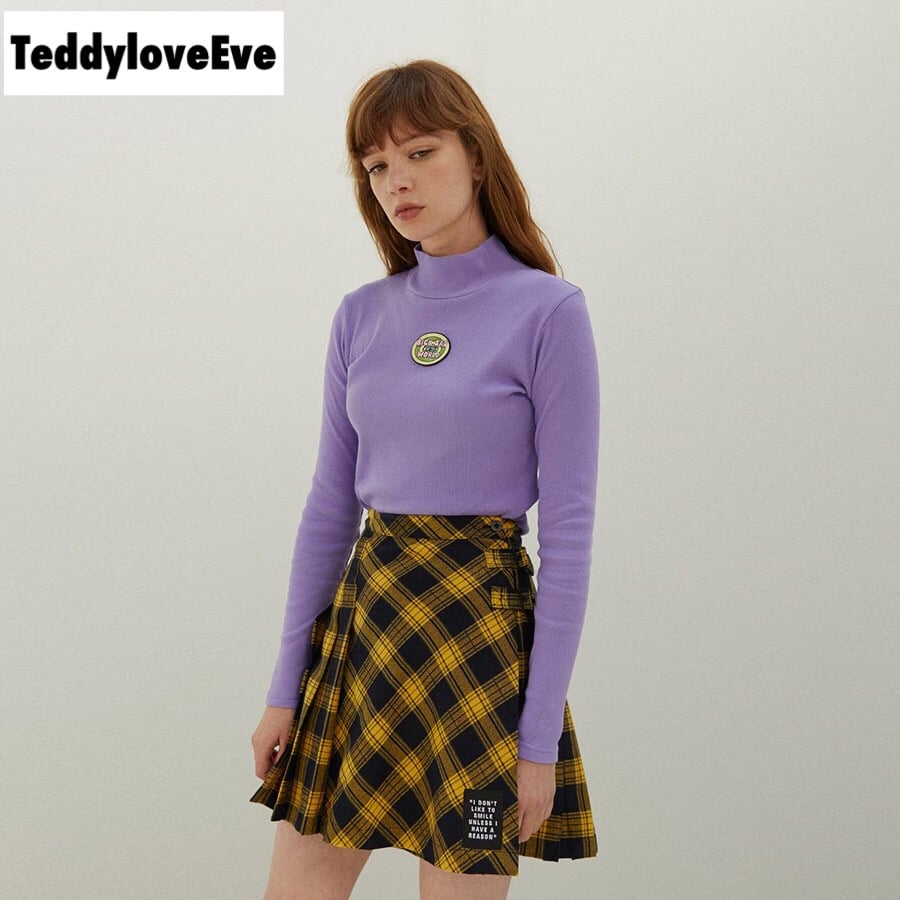 Cute Purple Knit Long Sleeve Shirt Turtleneck Sweatshirt T-shirt Top Autumn E-Girl Kawaii Korean Japanese Harajuku Streetwear