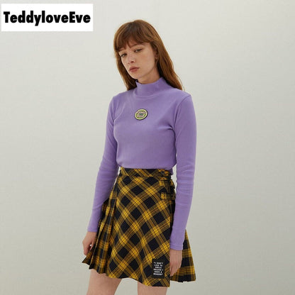 Cute Purple Knit Long Sleeve Shirt Turtleneck Sweatshirt T-shirt Top Autumn E-Girl Kawaii Korean Japanese Harajuku Streetwear
