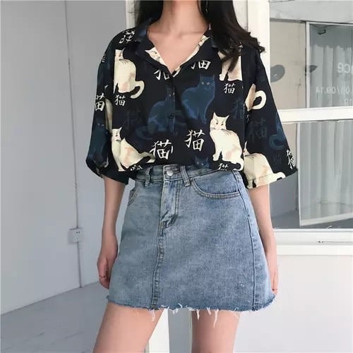 Chinese Letter Cat Animal Print Casual Loose Button Down Collar Short Sleeve Tee Shirt T-shirt Top E-Girl Kawaii Korean Japanese Harajuku Streetwear