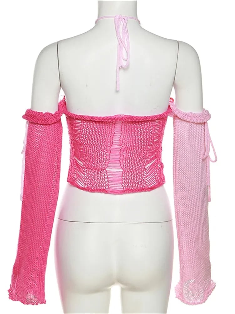 Pink Color Contrast Knit Long Sleeve Halter Top