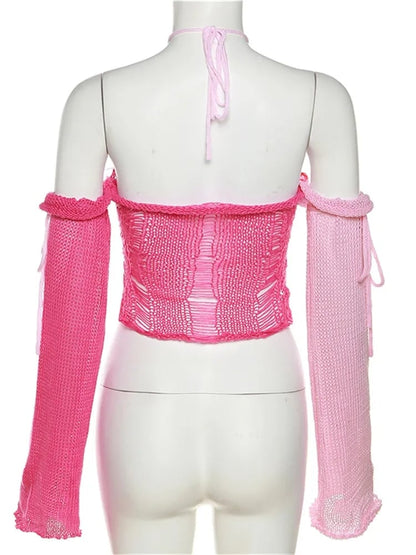 Pink Color Contrast Knit Long Sleeve Halter Top