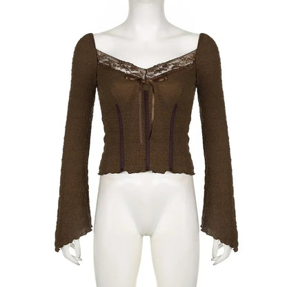 Brown Lace Trim V Neck Flare Long Sleeve Top