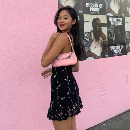 Cute Sweet Flower Mesh Embroidery V-neck Sling A-line Mini Dress Summer Aesthetic Casual E-Girl Kawaii Korean Japanese Harajuku