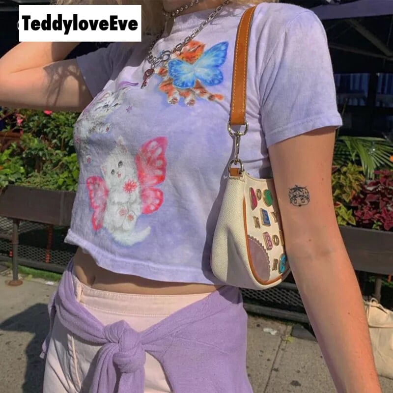 Cute Cat Butterfly Print Purple Sexy Crop Top Tank Short Sleeve Shirt Tee T-shirt Summer Casual E-Girl Kawaii Korean Japanese Harajuku Streetwear