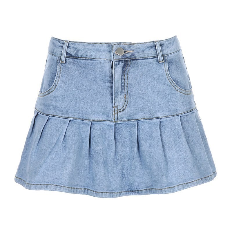 Cute High Waisted Pleated Denim Zipper Mini Skirt Blue Pink Bottoms Club Aesthetic Summer Party E-Girl Kawaii Korean Japanese Harajuku Streetwear