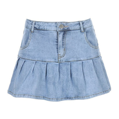 Cute High Waisted Pleated Denim Zipper Mini Skirt Blue Pink Bottoms Club Aesthetic Summer Party E-Girl Kawaii Korean Japanese Harajuku Streetwear