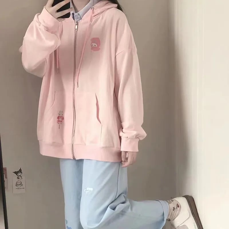 Pink Rabbit Print Oversized Hoodie