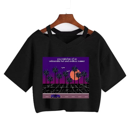 Cute Vintage Mountain Road Moon Night Sky Print Crop Top Short Sleeve Shirt Aesthetic Casual E-Girl Kawaii Korean Japanese Harajuku