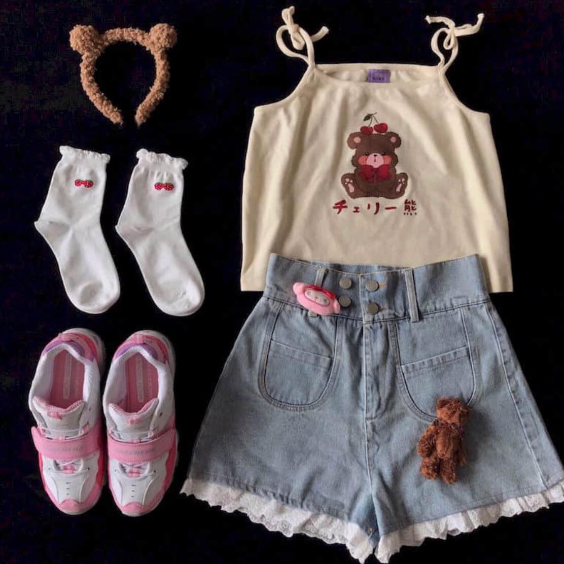 Cute Brown Bear Cherry Graphic Cartoon Print Camisole Spaghetti Strap Shirt Aesthetic Casual Summer E-Girl Kawaii Korean Japanese Harajuku