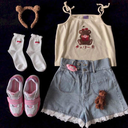 Cute Brown Bear Cherry Graphic Cartoon Print Camisole Spaghetti Strap Shirt Aesthetic Casual Summer E-Girl Kawaii Korean Japanese Harajuku
