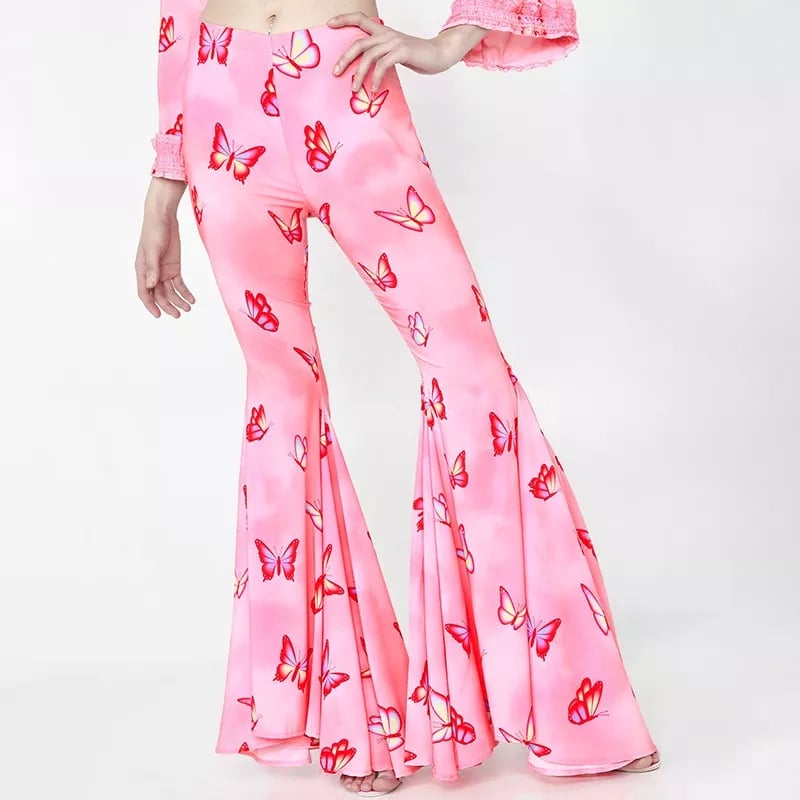 Pink Butterfly Low Waist Flare Bell Bottom Pants Rave Festival Aesthetic Casual E-Girl Kawaii Korean Japanese Harajuku