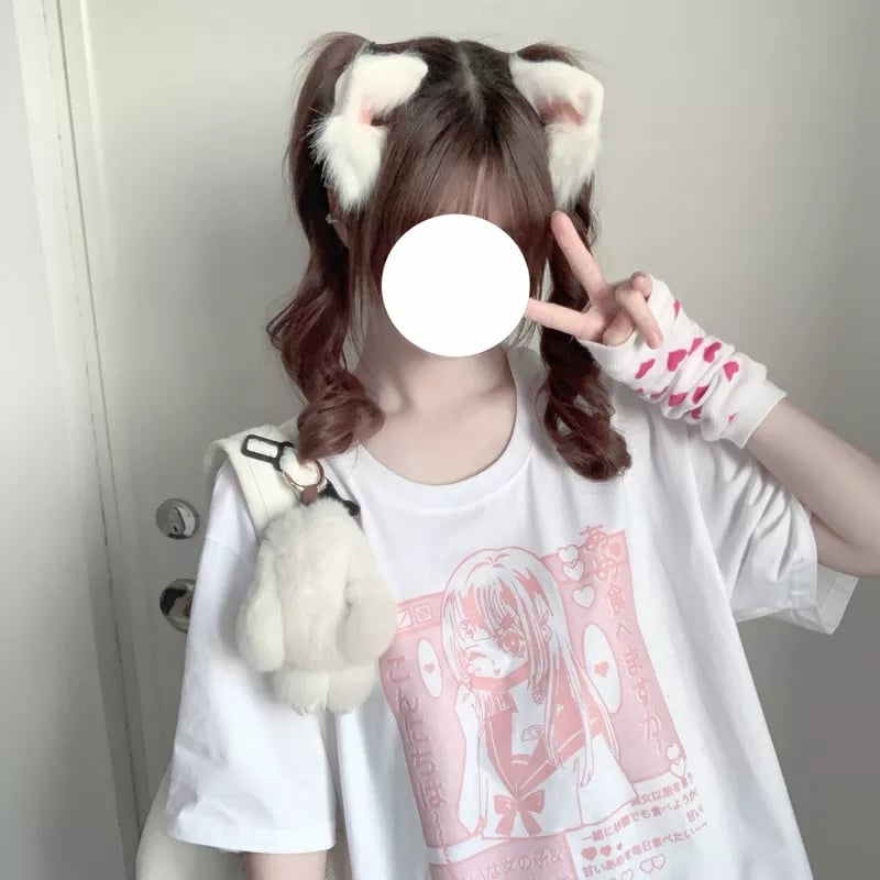 Pastel Pink Anime Girl Print Short Sleeve T-shirt