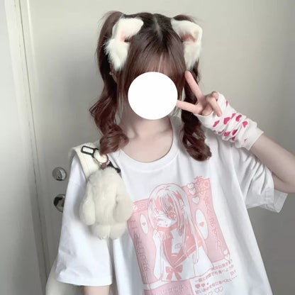 Pastel Pink Anime Girl Print Short Sleeve T-shirt