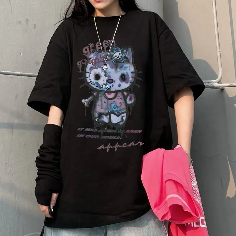 Zombie Anime Cat Print Short Sleeve T-shirt