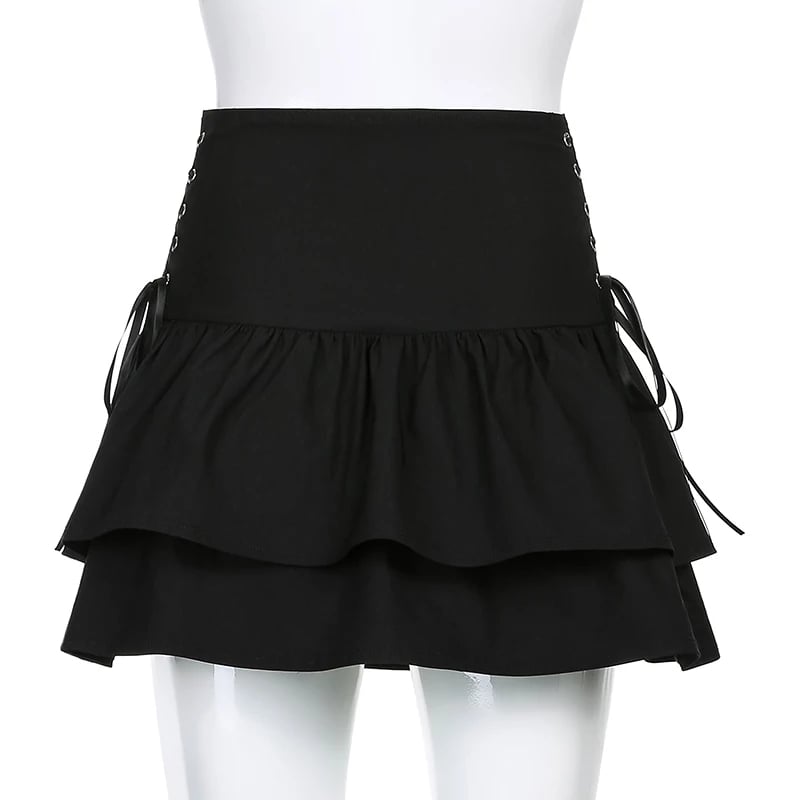 Cute 90s Lace Up Ruffles High Waist Mini Skirt Goth Punk Summer Aesthetic Casual E-Girl Kawaii Korean Japanese Harajuku