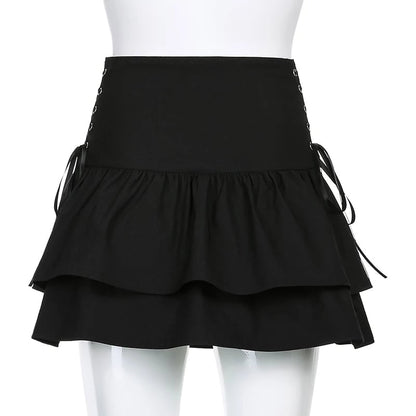 Cute 90s Lace Up Ruffles High Waist Mini Skirt Goth Punk Summer Aesthetic Casual E-Girl Kawaii Korean Japanese Harajuku