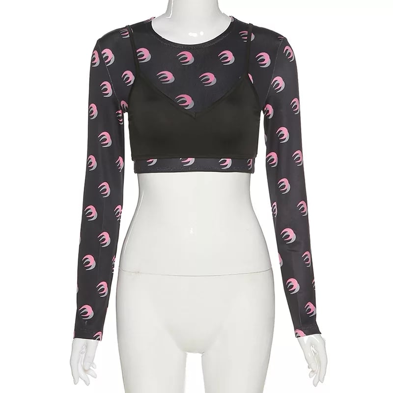 Cute Sexy 2pcs Moon Print Long Sleeve T-shirt Crop Top With Bra Camisole Summer Aesthetic Casual E-Girl Kawaii Korean Japanese Harajuku