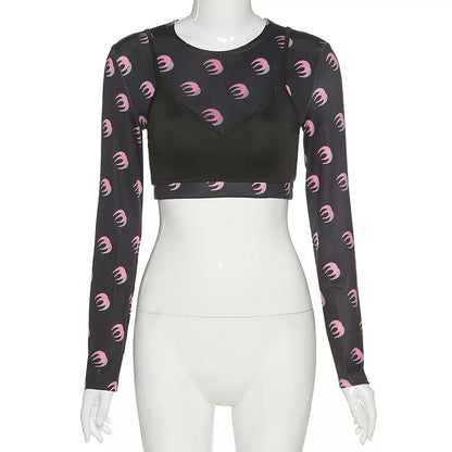 Cute Sexy 2pcs Moon Print Long Sleeve T-shirt Crop Top With Bra Camisole Summer Aesthetic Casual E-Girl Kawaii Korean Japanese Harajuku