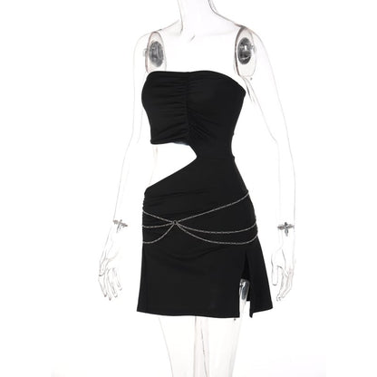 Black Strapless Chain Cut Out Split Mini Dress